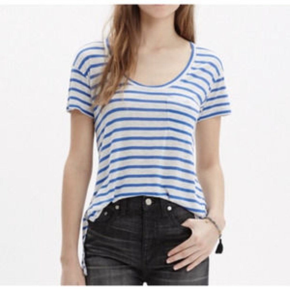 Madewell Blue Gray Striped Scoop Neck Pocket Tee Shirt - Picture 1 of 10